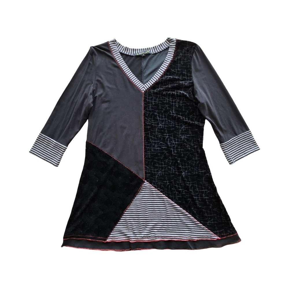 Lior Paris Women Black Patchwork Tunic Top V-Neck Velvet Mixed Media MD Euro